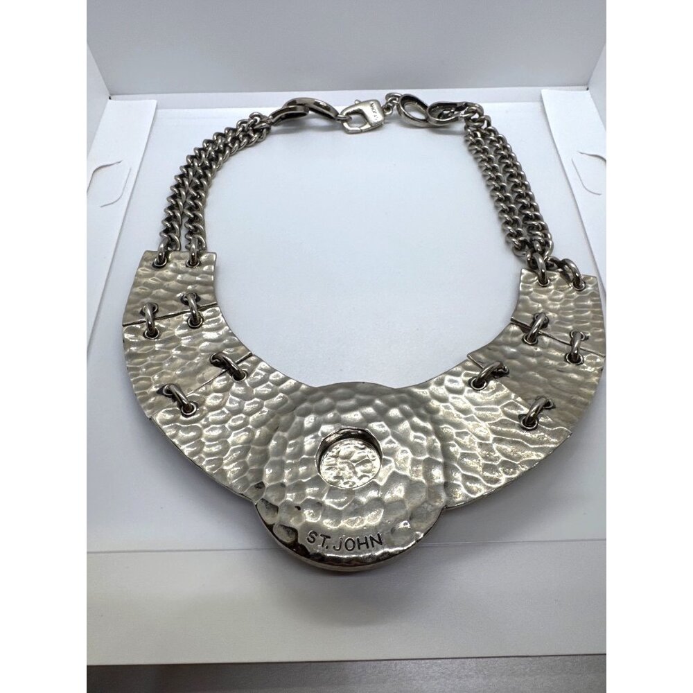 St. John Necklace Hammered Silver-Tone Chain Statement Collar Modernist Bib - Picture 6 of 10